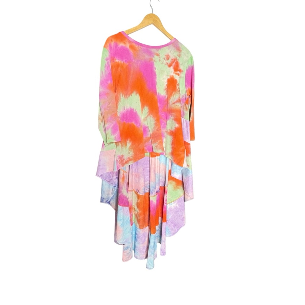 Why Dress Colorful Tie Dye Hi Low 3/4 Sleeve Tiered Ruffled Back NWT XL - Picture 10 of 14